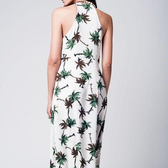 Q2 Long Cream Palm Tree Dress w/ Deep Neckline - Picture 4 of 6